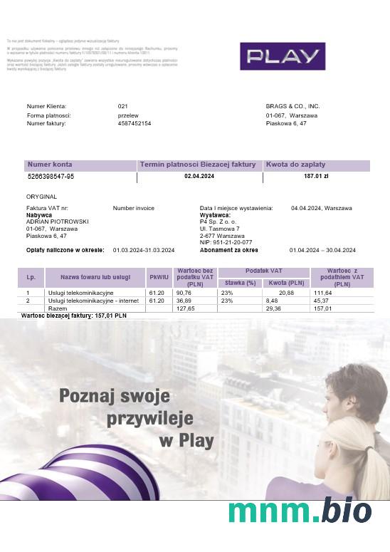 Poland Play rachunek za usługi komunalne szablon w formacie Word i PDF